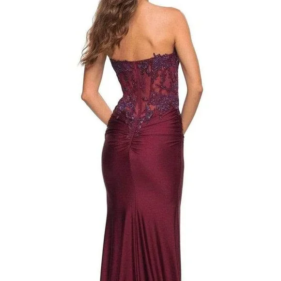 SALE NWT La Femme 30720SC Jersey/Lace Prom Dress Dark Berry Size 8 - Picture 3 of 6